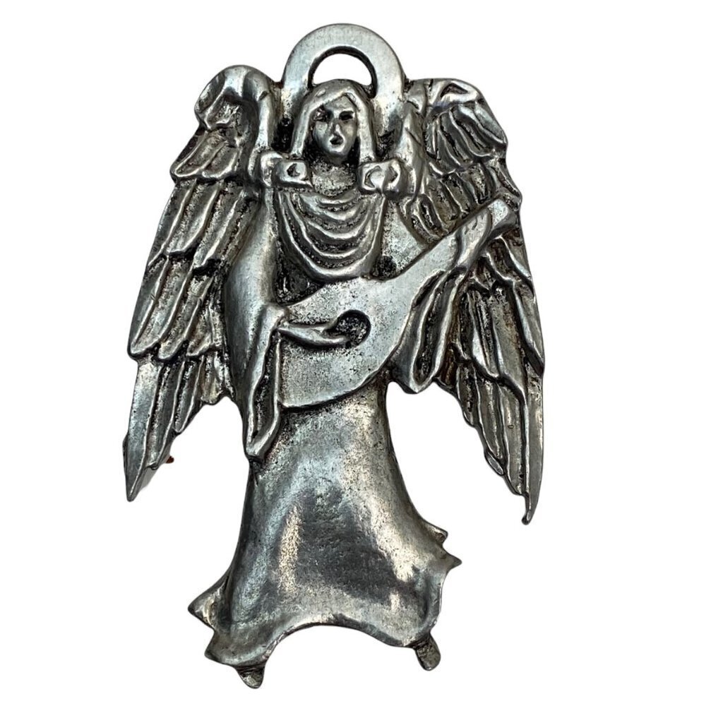 Christmas Angel Ornament Pewter Silver tone Angel playing the Mandolin  2.5"